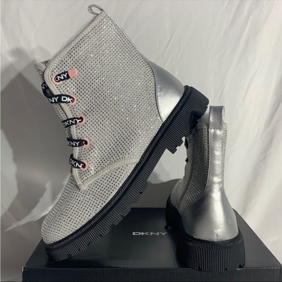 DKNY Silver Black Rhinestone Combat Boots New With Box - Picture 4 of 7